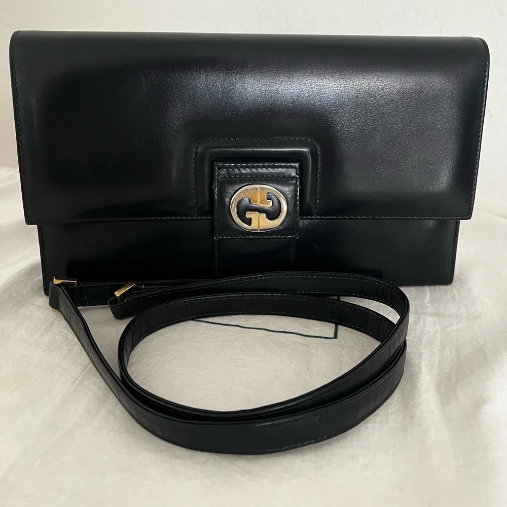 Rare Vintage Gucci Shoulder Clutch Bag Black Leather 1970s